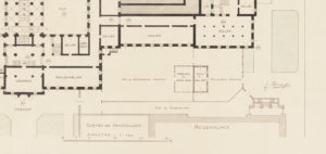 Projektierte Universität mit Stallungen, welche direkt an den Klinikgarten grenzen und von Otto Haab beanstandet wurden, gezeichnet von Alfred Friedrich Bluntschli, 1907
