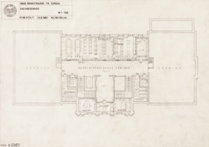 Grundriss des Kunsthistorischen Seminars im Dachgeschoss. Die Raumverhältnisse wirken bescheiden, stellten allerdings im Vergleich zu den Verhältnissen im Kollegiengebäude eine erhebliche Erweiterung dar, 1951.
