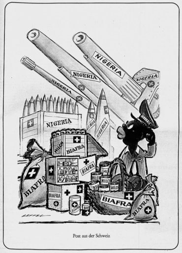 Karikatur aus dem Nebelspalter mit der Unterschrift «Post aus der Schweiz» vom 11. Dezember 1968, AfZ PA Syst Sammlung «Biafra» (913)